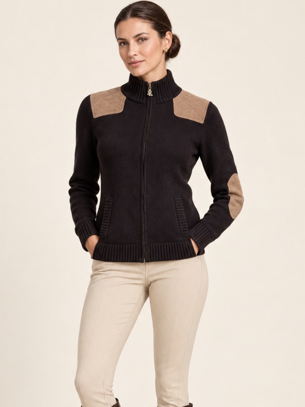 Vintage Lauren Ralph Lauren Quilted Patch Full-Zip 100% Cotton Sweater. Fits big